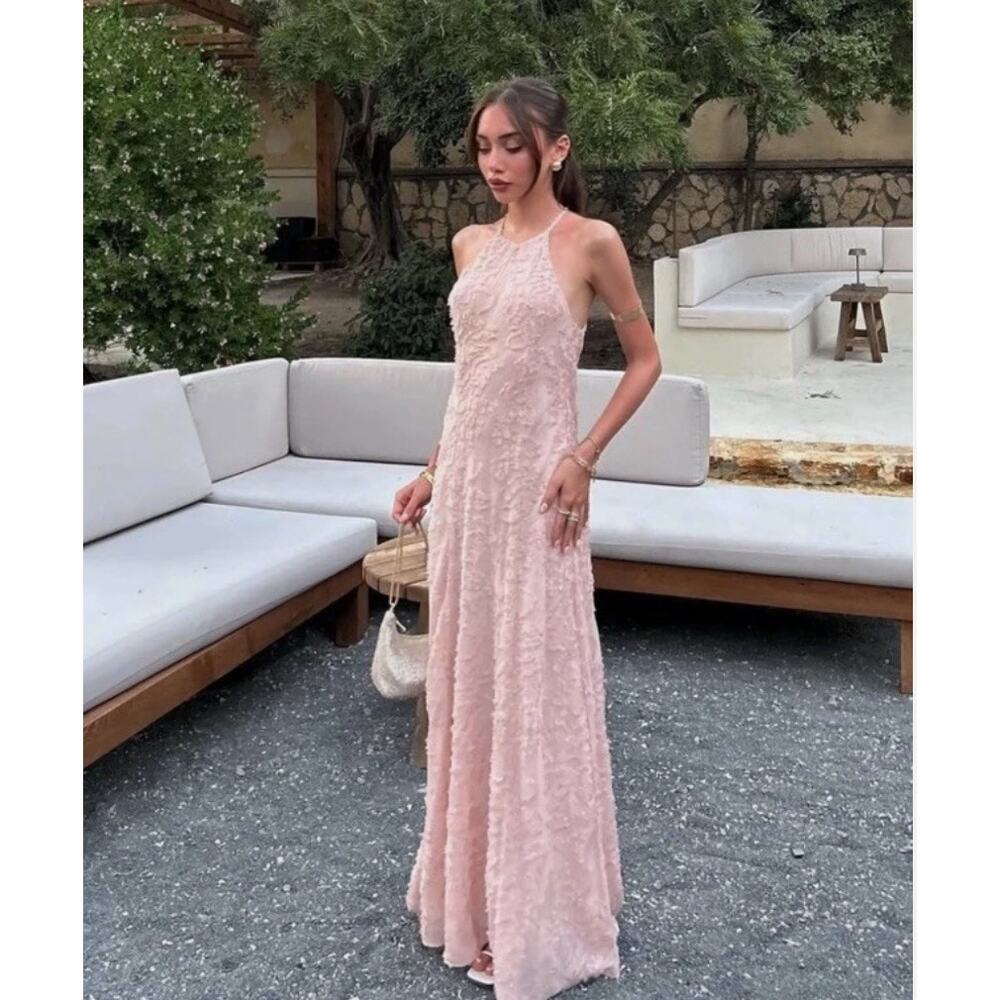 ZARA NEW WOMAN SS25 STRUCTURED MAXI HALTER DRESS BEIGE-PINK XS - Picture 7 of 11